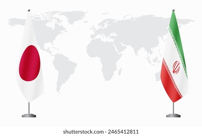 Japan and Iran flags for official meeting against background of world map.
