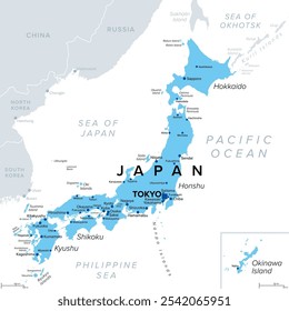 Japão, um país insular no leste da Ásia, mapa político, com capital Tóquio e as principais ilhas Honshu, Hokkaido, Kyushu, Shikoku e Okinawa. Um arquipélago de 14.125 no Oceano Pacífico Norte. Vetor