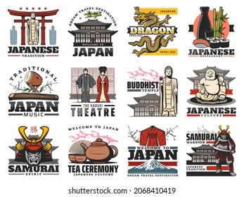 Japón aisló iconos vectoriales con símbolos japoneses de viaje, comida, cultura y religión. Sushi asiático, montaña Fuji, ceremonia de té y templo Buda, dragón, samurai, geisha kimono y kabuki