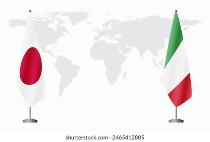 Japan and Italy flags for official meeting against background of world map.