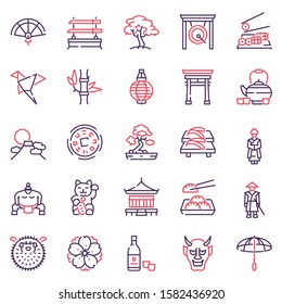 Japan items color linear icons set. Japanese culture concept. Bonsai, origami, samurai symbols pack. Maneki neko. Sumo, sushi, sakura design elements. Isolated vector illustrations