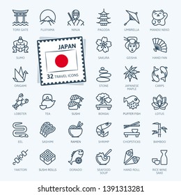 Japan, Japanese - minimal thin line web icon set. Outline icons collection. Travel series. Simple vector illustration.