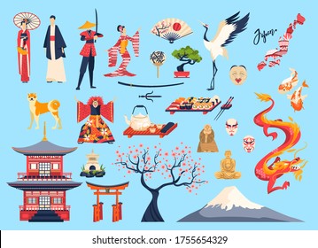 Japan and Japanese people vector illustration set. Cartoon flat character in traditional costume or kimono, cherry sakura tree, temple architecture. Japanese landmark, culture tourism isolated element