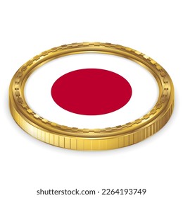 Japan (JP) National Flag Round Icon 2.5D Isometric Projection View Gold Coin Isolated on White Background