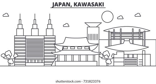 Japan, Kawasaki architecture line skyline illustration. Linear vector cityscape with famous landmarks, city sights, design icons. Landscape wtih editable strokes