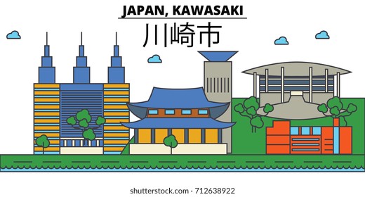 Japan, Kawasaki. City skyline: architecture, buildings, streets, silhouette, landscape, panorama, landmarks. Editable strokes. Flat design line vector illustration concept. Isolated icons set