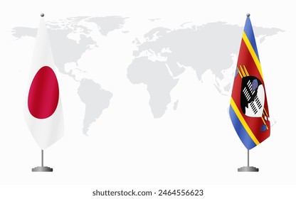 Japan and Kingdom of eSwatini - Swaziland flags for official meeting against background of world map.