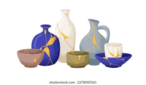 Japan Kintsugi ceramics art. Reborn repaired Asian pottery with gold line marble patterns. Vintage Japanese vases, bowls, jugs. Colored flat graphic vector illustrations isolated on white background