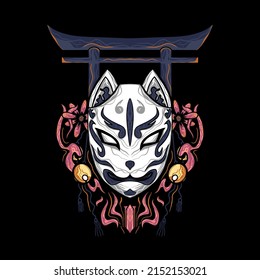 Ilustración vectorial de diseño de ropa de calle para mascara de kitsune en Japón