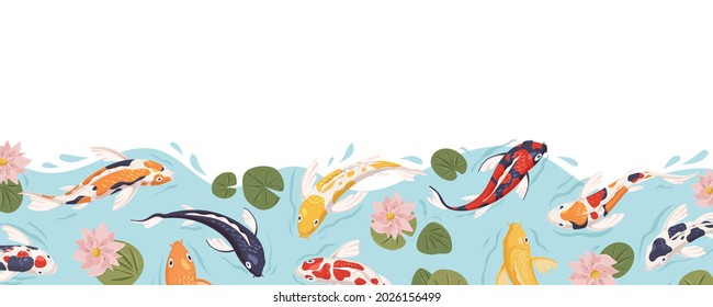 Japan koi fish border. Sea Japanese carp swimming in water with flowers. Chinese marine animals in pond. Horizontal decorative edge. Colored flat vector illustration isolated on white background