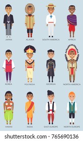 Japan and korea, alaska and africa, india and hawaii, set of icons with men representatives on vector illustration isolated on blue