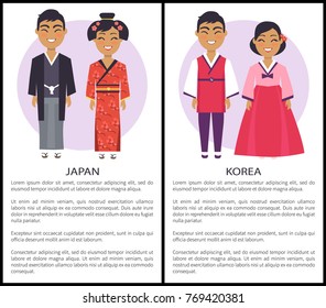 Japan and korea nationalities, set of posters with two nations and informational text below on vector illustration isolated on white with text