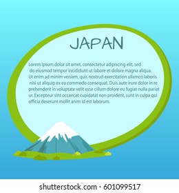 Japan label with written information inside near fuji mountain on green island surrounded by sea or ocean. Vector illustration of text about Japan in tag with green border on blue background
