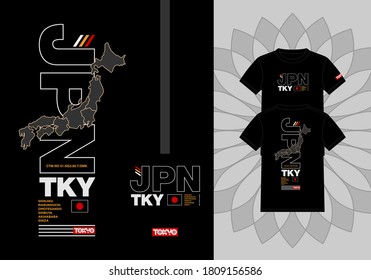 JAPAN. The Land of the rising sun slogan t-shirt trendy design. Colorful apparel typography tee shirt with lines style. Inscription in Japanese with the translation: Tokyo. Vector illustration.
