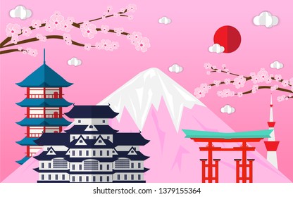 Japan Landmark Global Travel And Journey paper background, travel concept - The Most Beautiful Places To Japan. Vector illustration
