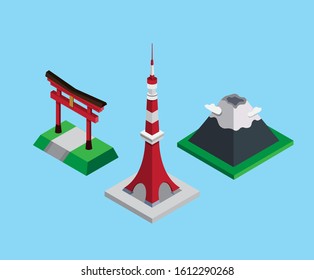 Japan landmark isometric collection set, tokyo tower, fushimilnari - taisha gate and fujiyama mountain for map or destination in 3d concept flat illustration eps 10 editable vector