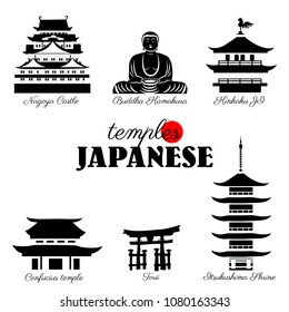 Japan landmark, Kinkaku JI temple, Itsukushima Shrine, Confucius temple, Nagoya castle, symbols japanese pagoda, torii, Buddha vector illustration travel icon, decorative sign for design advertising