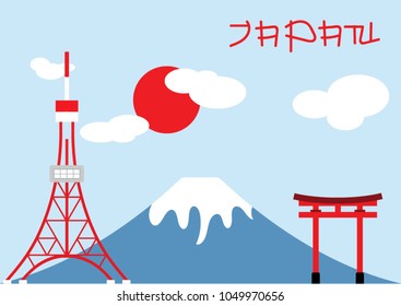 japan landmark. moutain fuji, tokyo tower, torii and sun. simple vector.