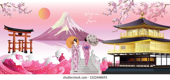 Japan landmark with Nagoya castle, Fuji mountain and women in Kimono dress