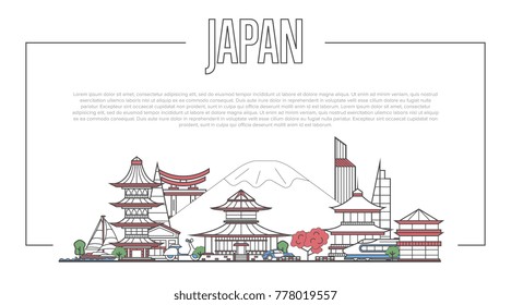 Japan landmark panorama with famous modern and ancient architecture in trendy linear style. Japanese national landmarks on white background. Worldwide traveling and journey vector concept.