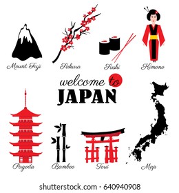 Japan landmark, symbols set sushi, Mountain Fuji, branch sakura flower, kimono, japanese pagoda, bamboo, torii, cartoon map vector illustration travel icons, decorative sign for design advertising