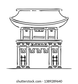 Japan landmark - temple, shrine, castle, pagoda, gate vector illustration simplified travel icon. Chinese, asian landscape traditional house. Ethnic symbol ink brush style. element for design, print.