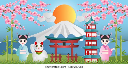 Japan landmark travel banner with girl in kimono dress, maneki neko, cherry blossom, bamboo and fuji mountain. Paper art style of tokyo culture symbols. Vector illustration