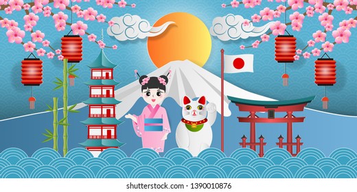 Japan landmark travel banner with girl in kimono dress, maneki neko, cherry blossom, bamboo and fuji mountain. Paper art style of tokyo culture symbols. Vector illustration
