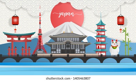Japan landmark travel banner with todaiji temple, maneki neko, bamboo and fuji mountain. Paper art style of tokyo culture symbols. Vector illustration