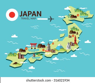 Japan landmark and travel map. Flat design elements and icons. vector illustration