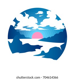 Japan landmark travel plate vector illustration. Beautiful asian landscape with water, rocks and clouds. Sunrise retro style vacation postcard. Travel postcard from Thina, Vietnam or Thailand design
