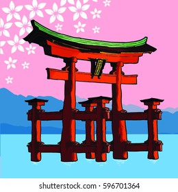 Japan Landmark Vector with mountain view background