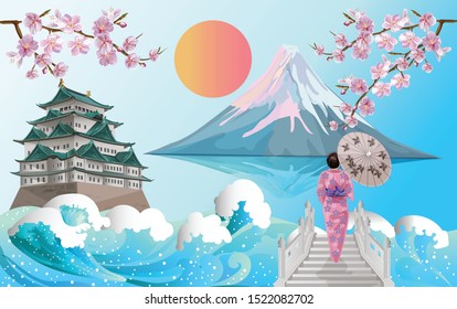 Japan landmark withNagoya castle, Fuji mountain and women in Kimono dress
