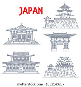 Japan landmarks icons, temples, pagodas and Japanese gates in Osaka, vector architecture buildings. Shitenno-ji Buddhist temple, Iga Ueno or Hakuho and White Heron or Himeji castle, Japan travel