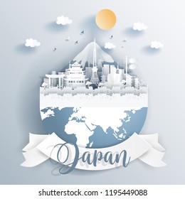 Japan landmarks on earth in paper cut style vector illustration.