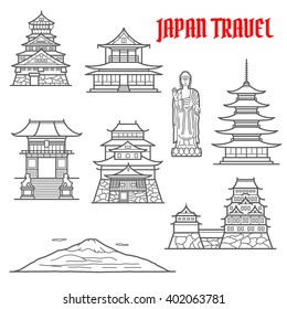 Japan landmarks thin line icons of Fuji and Ushiku Great Buddha, palace and Osaka castle, deva gate of Kiyomizu-dera temple, oldest pagoda in temple of flourishing law, Matsue castle and Toji temple