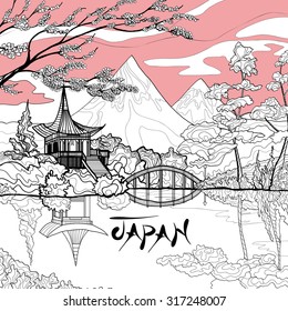 Japan landscape background with sketch pagoda sakura branch and mountains on background vector illustration