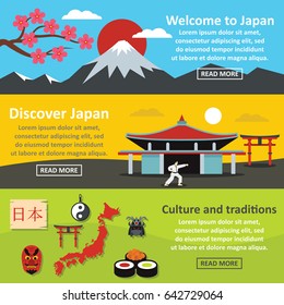 Japan landscape banner horizontal concept set. Flat illustration of 3 Japan landscape vector banner horizontal concepts for web