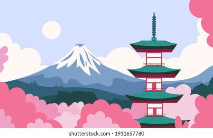 Japan landscape flat cartoon illustration. Beautiful mountain, forest, ancient building  banner design. Asian nature, touristic printing card