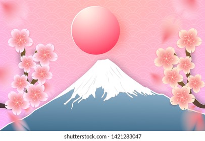 Japan landscape with Fuji mountain banner and Cherry blossom, sakura falling down, Paper cut out style. Vector illustration