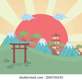 Japan Landscape Mount Temple And Gate