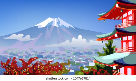 Japan landscape with mountain Fuji, houses, flowers and trees 