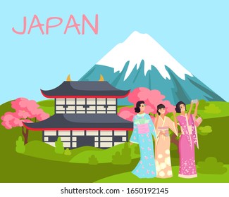 Japan landscape with mountain Fuji. Japanese Temple with Sakura or cherry tree with blooming flowers. Women in kimano taking photo vector illustration