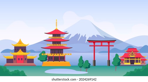 Japan landscape with mountain Fuji, landmarks, temples and old building. Japanese tourism travel scenery with pagoda and gates vector scene. Illustration of pagoda and shrine, fuji landscape