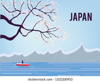 Japan landscape with sakura and water, tranquil scene. Vector graphic illustration