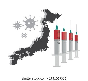 Japan to launch COVID-19 vaccination campaign. Coronavirus vaccine vial, syringe, map and flag of Japan on background of World map. Fighting the epidemic. Research and creation of a vaccine.
