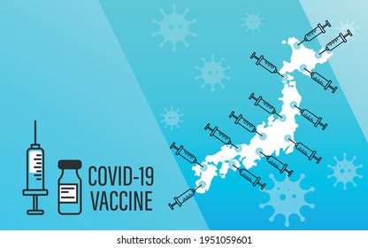 Japan to launch COVID-19 vaccination campaign. Coronavirus vaccine vial, syringe, map and flag of Japan on background of World map. Fighting the epidemic. Research and creation of a vaccine.