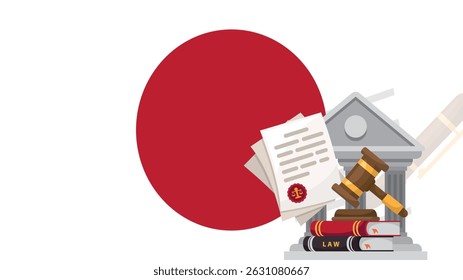Japan law constitution legal judgment justice legislation trial concept using flag gavel paper and pen vector