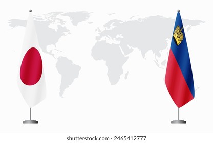 Japan and Liechtenstein flags for official meeting against background of world map.