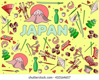 Japan line art design vector illustration. Separate objects. Hand drawn doodle design elements.